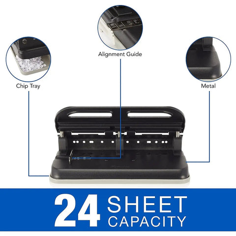 Heavy Duty Two To Seven Hole Punch With Semi Adjustable Heads Easy Touch Soft Grip Handle Twenty Four Sheet Capacity Durable Metal Construction Office Workhorse Punch For High Volume Black, showing detailed chip tray, alignment guide, and metal construction with 24-sheet capacity note.