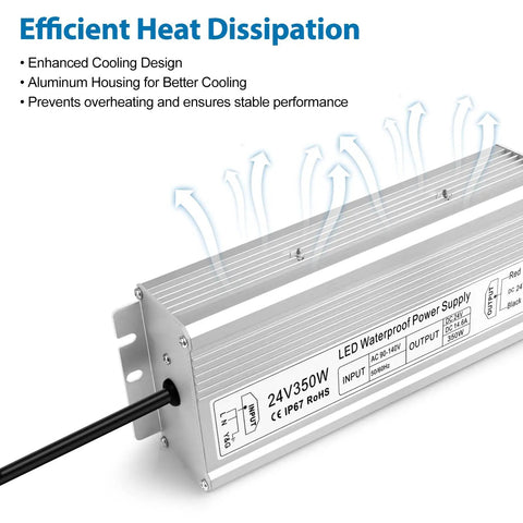 Heavy Duty 24V 350W LED Power Supply With IP67 Waterproof Build And Low Voltage Transformer AC To DC Converter showing aluminum housing for heat dissipation.