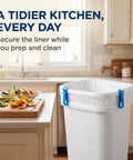Lock Tight Plastic Garbage Bin Clips With Textured Anti Slip Grip Kick The Slipping Habit And Keep Kitchens Fresh Secure Trash Bag Holders 10 Pack Quick Setup on a kitchen trash bin.