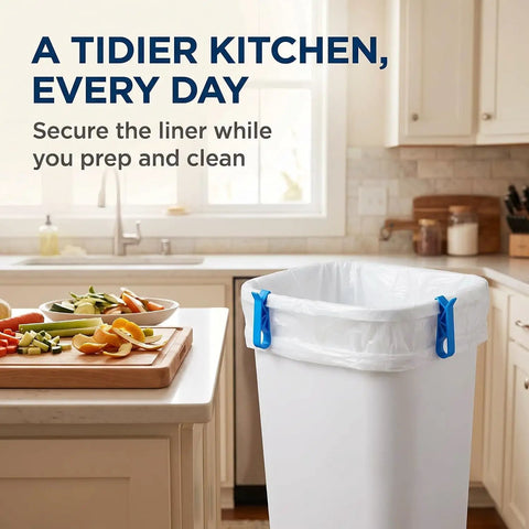 Lock Tight Plastic Garbage Bin Clips With Textured Anti Slip Grip Kick The Slipping Habit And Keep Kitchens Fresh Secure Trash Bag Holders 10 Pack Quick Setup on a kitchen trash bin.