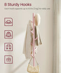 Solid Wood Coat Rack Stand With Eight Hooks No Tool Assembly Adjustable Heights Free Standing Hall Tree Rubberwood Jelly Pink
