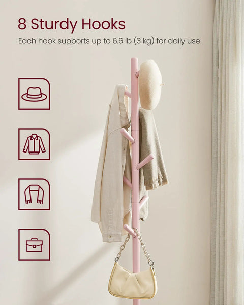 Solid Wood Coat Rack Stand With Eight Hooks No Tool Assembly Adjustable Heights Free Standing Hall Tree Rubberwood Jelly Pink
