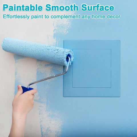 Five X Five Inch Self Adhesive Drywall Access Panel Smooth Peel And Stick Finish white hole cover being painted with roller.