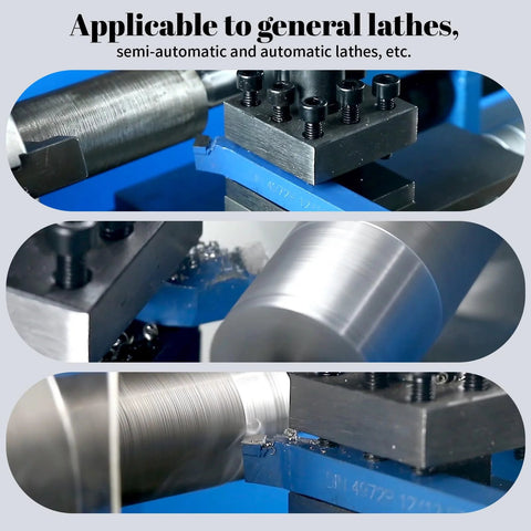 Lathe cutting tool set, 10-piece, 1/4 in carbide-tipped bits for metalworking (three views).