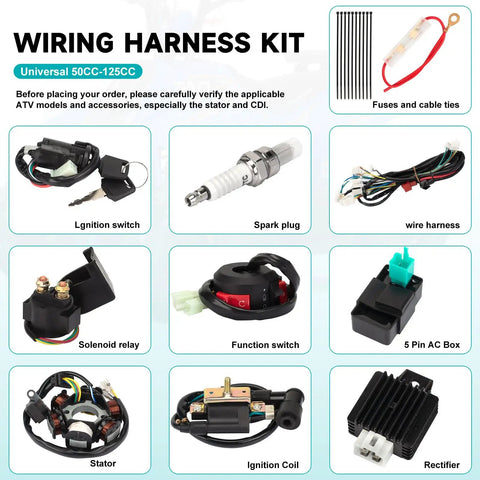 Components of All In One ATV Wiring Harness Kit For 50cc 70cc 90cc 110cc 125cc Quads And Go Karts With 6 Pole Stator CDI Spark Plug Relay