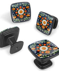 4 Piece Square Drawer Pulls And Cabinet Knobs Set With Dope Colorful Daisy Tulip Floral Pattern For Cabinets And Drawers Easy Install Rust Resistant ABS And Glass Handles With Stainless Steel Screws Included, showing daisy tulip design on black base