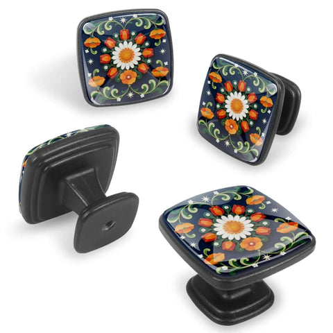 4 Piece Square Drawer Pulls And Cabinet Knobs Set With Dope Colorful Daisy Tulip Floral Pattern For Cabinets And Drawers Easy Install Rust Resistant ABS And Glass Handles With Stainless Steel Screws Included, showing daisy tulip design on black base