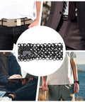 Premium Industrial Steel Punk Metal Belt In Matte Black With Easy Hook And Loop Sizing For Badass Gothic Streetwear Fits and Rugged Everyday Flex Style, featured in lifestyle settings.