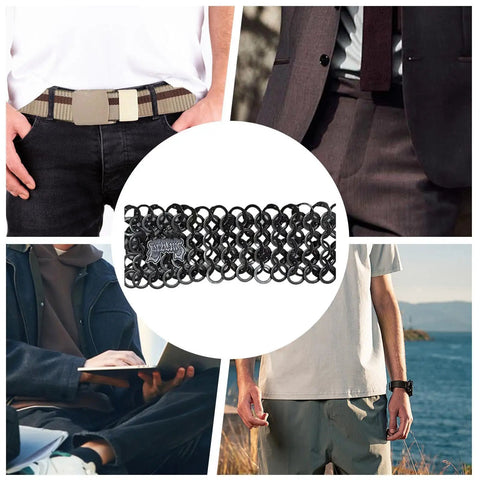Premium Industrial Steel Punk Metal Belt In Matte Black With Easy Hook And Loop Sizing For Badass Gothic Streetwear Fits and Rugged Everyday Flex Style, featured in lifestyle settings.