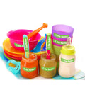Total Game Changing Smartphone Color Label Maker Featuring Bluetooth Wireless Sync Plays Nice With Any iPhone Or Android Device And Prints Dead Simple Custom Stickers Plus Bold Graphic Tags Directly From Your Pocket Sized Screen with colorful baby feeding set including bowls, spoons, and jars.