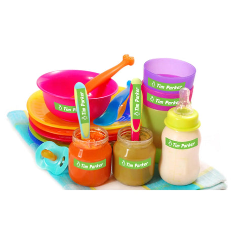 Total Game Changing Smartphone Color Label Maker Featuring Bluetooth Wireless Sync Plays Nice With Any iPhone Or Android Device And Prints Dead Simple Custom Stickers Plus Bold Graphic Tags Directly From Your Pocket Sized Screen with colorful baby feeding set including bowls, spoons, and jars.