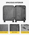 Interior view of Grace Expandable 20 Inch Carry On Hard Shell Luggage with zipper divider, mesh bag, and tie down straps.