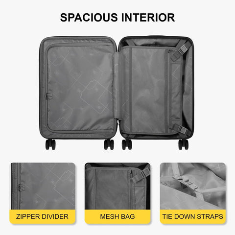 Interior view of Grace Expandable 20 Inch Carry On Hard Shell Luggage with zipper divider, mesh bag, and tie down straps.