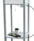 Gray Etagere Floor Lamp With 3 Shelves, 2 USB Ports, 1 Charging Outlet, Linen Shade, Soft Warm Glow, Pull Chain On Off