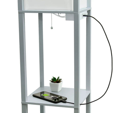Gray Etagere Floor Lamp With 3 Shelves, 2 USB Ports, 1 Charging Outlet, Linen Shade, Soft Warm Glow, Pull Chain On Off