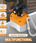 On/off switch magnet welding holder with orange top, gray base, black lever, and silver carabiner