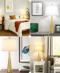 Two Dope Gold Table Lamps With USB Ports And Rotary Switch, 26 Inch Tall Brass Nightstand Lamps With White Fabric Shade in room settings