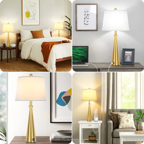 Two Dope Gold Table Lamps With USB Ports And Rotary Switch, 26 Inch Tall Brass Nightstand Lamps With White Fabric Shade in room settings