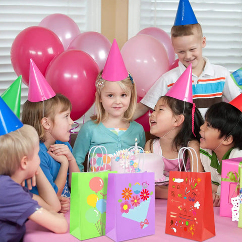 Kids at a party with 32 Pack Kraft Paper Gift Bags With Handles Six Color Rainbow Set For Birthday Parties Baby Showers Weddings And Crafts
