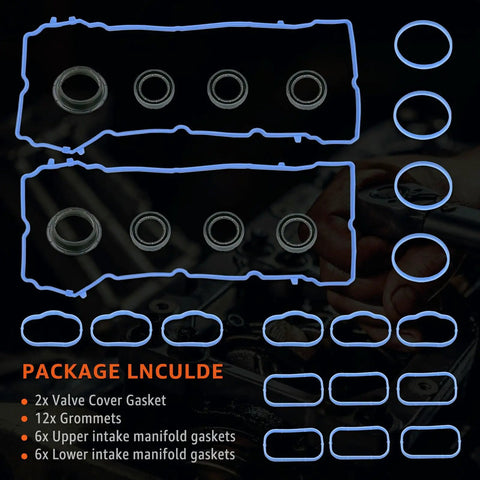 3.6L Valve Cover And Intake Manifold Gasket Set Replacement For 2011-2022 3.6L V6 Engines Includes Valve Cover Gaskets Spark Plug Seals And Intake Exhaust Seals For Wrangler Grand Cherokee Cherokee Challenger Charger Durango Journey ProMaster 1500 2500, blue rubber gaskets set