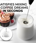 Milk Frother Handheld Electric Whisk For Creamy Foam, Fast Coffee Shop Style Froth, 13,000 RPM With 25 Spirals, Protein Powder Mixer And Matcha Blender, Includes 2 Duracell Batteries, Black in use frothing milk near cupcakes