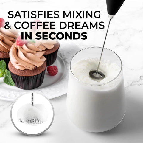 Milk Frother Handheld Electric Whisk For Creamy Foam, Fast Coffee Shop Style Froth, 13,000 RPM With 25 Spirals, Protein Powder Mixer And Matcha Blender, Includes 2 Duracell Batteries, Black in use frothing milk near cupcakes