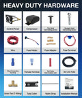 Components of Heavy Duty 12V In Cab Air Compressor Kit For Air Bag Suspension With On Off Switch, showing various parts and tools.