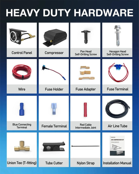 Components of Heavy Duty 12V In Cab Air Compressor Kit For Air Bag Suspension With On Off Switch, showing various parts and tools.