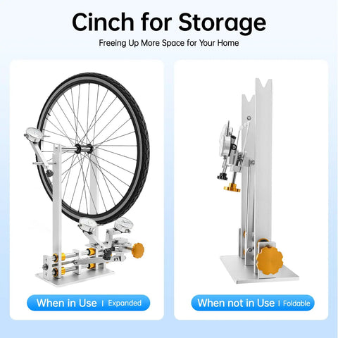Pro Wheel Truing Stand For Bikes, Foldable Bike Workstand With 3 Gauges, adjustable design in use and folded view