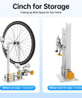 Heavy Duty Bicycle Wheel Truing Stand for Folding and Pro Grade Wheel Repair, Fits 10 To 29 Inch Wheels, shown expanded and folded.