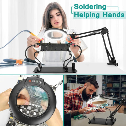 Helping Hands Soldering Station With 10X Magnifying Glass And LED Light Four Magnetic PCB Holder Arms Non Slip Weighted Base.