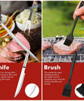 Image showing the knife and basting brush from the 15 Piece Grill Set With Carrying Case Stainless Steel BBQ Tools Kit Includes 4 In 1 Spatula, Meat Fork, Tongs, Cleaning Brush, 4 Corn Holders, Knife, Basting Brush, 5 Skewers And Oxford Fabric Case Dad Approved Outdoor Grilling Gift.