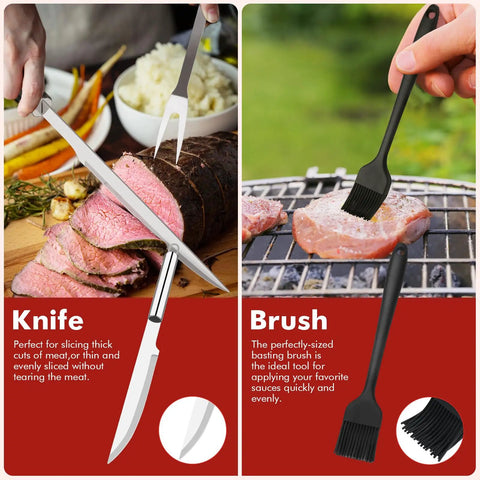 Image showing the knife and basting brush from the 15 Piece Grill Set With Carrying Case Stainless Steel BBQ Tools Kit Includes 4 In 1 Spatula, Meat Fork, Tongs, Cleaning Brush, 4 Corn Holders, Knife, Basting Brush, 5 Skewers And Oxford Fabric Case Dad Approved Outdoor Grilling Gift.