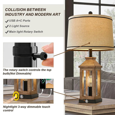 Cozy Farmhouse Style Table Lamp With Dual USB Ports And Night Light 3 Way Dimmable Touch Control Vintage Modern Glow on table