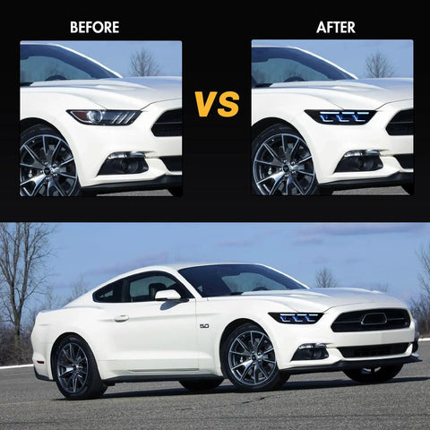 Ford Mustang Headlamp Upgrade With Sequential Animation, Slick Led Front Light comparison before and after installation