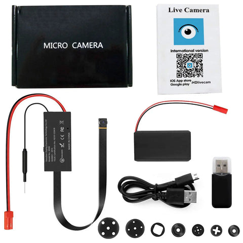 Mini Camera 1080P HD Portable With 7 Hours Battery Life, DIY Setup And Easy Use accessories and components displayed.