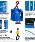 Rock Solid Bigorenda 3 In 1 Electric Hoist Winch with 1100 lb capacity showing heat dissipation design and LED indicators.