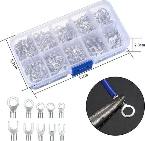 320 Piece Non Insulated Ring Fork U Type Female Terminal Kit in plastic box with copper wire lugs and crimp connectors, 10 sizes for 0.5 to 4 sq mm cables