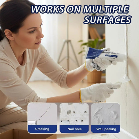 Person using All-In-One Drywall Repair Kit With Scraper And Fast-Dry Paste on wall crack, showing spackle application.