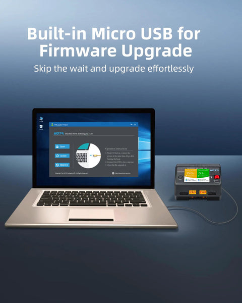Laptop displaying firmware upgrade with Beast Dual Channel LiPo Battery Charger 650W connected via Micro USB