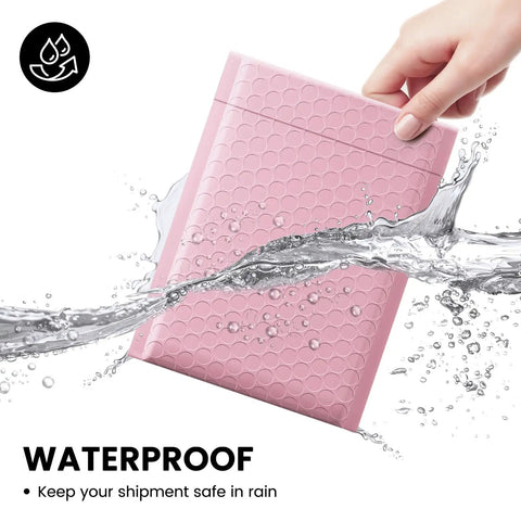 Waterproof Light Pink Bubble Mailers 6x10 Inches, 100 Pack Self Seal Padded Envelopes with Usable 6x9 Inner Size in water splash.