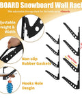 Adjustable 4 Board Snowboard Wall Rack for Ski, 118cm height, 38cm depth, with rubber gaskets and hook holes design.