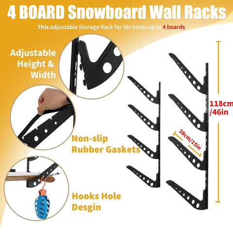 Adjustable 4 Board Snowboard Wall Rack for Ski, 118cm height, 38cm depth, with rubber gaskets and hook holes design.