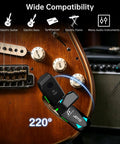 Ultra Clear UHF Wireless Guitar System With 6 Channel Transmitter And Receiver on electric guitar, showcasing wide compatibility