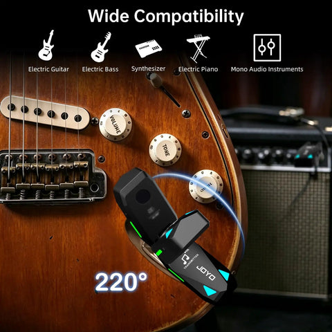 Ultra Clear UHF Wireless Guitar System With 6 Channel Transmitter And Receiver on electric guitar, showcasing wide compatibility