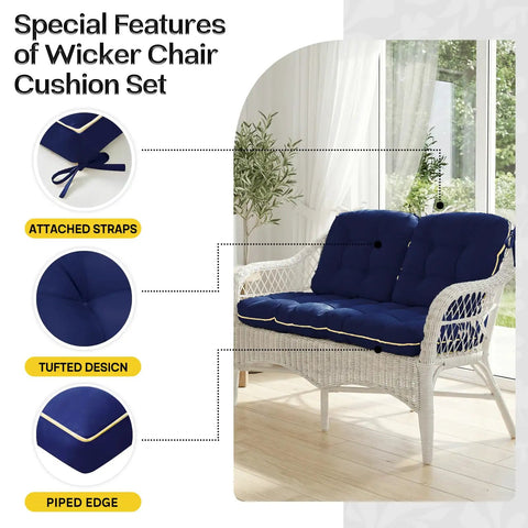 Oxford Blue Wicker Outdoor Cushions 3 Piece Set Replacement Cushions For Patio Loveseat And Chairs With Memory Foam Blend Comfort