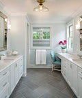 Modern Glass Semi Flush Mount Ceiling Light In Brass Finish With Handblown Glass Shade in elegant bathroom setting.
