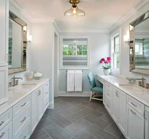 Modern Glass Semi Flush Mount Ceiling Light In Brass Finish With Handblown Glass Shade in elegant bathroom setting.