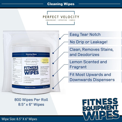 Pro Grade Gym Equipment Wipes Refill Pack Four Rolls Of Eight Hundred Pre Moistened Cleaning Wet Wipes For Upwards And Downwards Dispensers Cleans Deodorizes Removes Stains And Keeps Gym Gear Fresh And Ready package in front view.