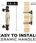 Straight Up Premium Set Of Twenty Antique Brass Cabinet Drawer Pulls Featuring Real Deal Brown Marble Ceramic Handles And Three Inch Screw Spacing For Home Makeovers, 1.2 inch by 3 inch size with installation details.